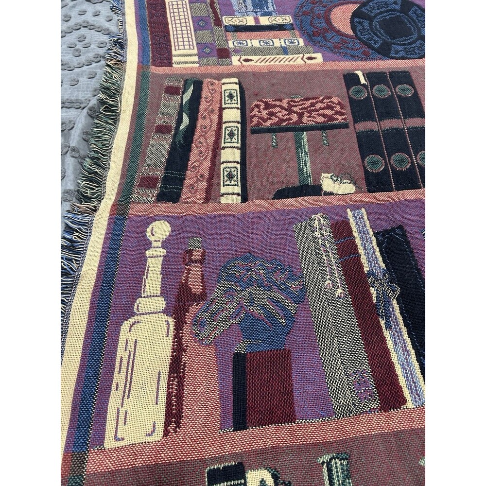 VTG Goodwin Weavers Cotton Tapestry Fringe Blanket Library Book Shelf 68”x49” - Picture 9 of 11